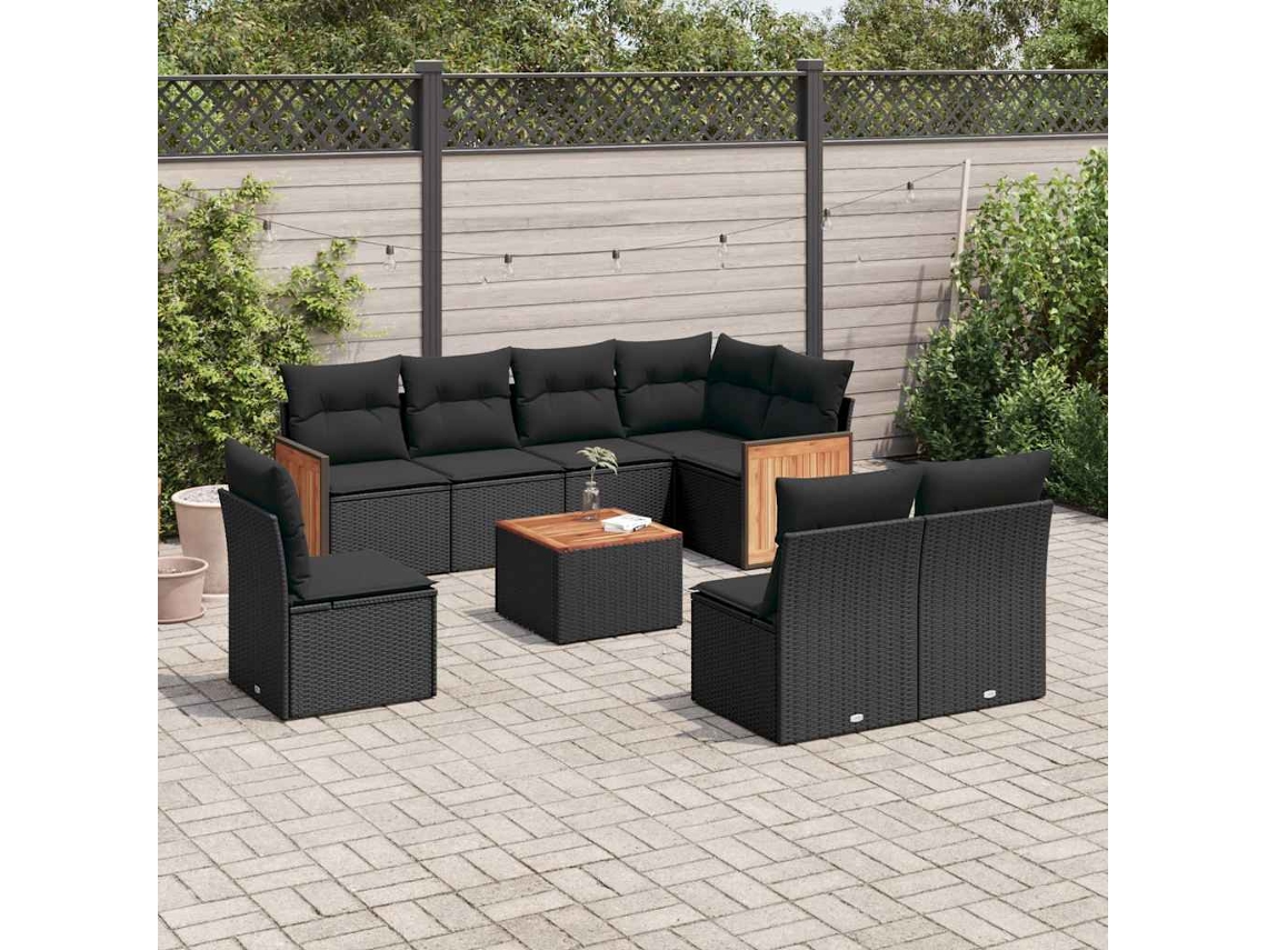 Vidaxl 9 Pcs Conjunto De Sofás P/ Jardim C/ Almofadões Vime Pe Preto