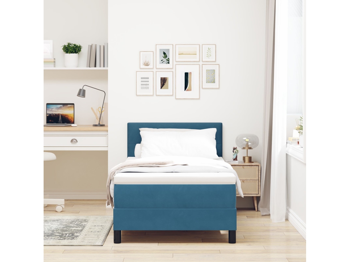 Cama Box Spring Com Colchão Azul Escuro Solteiro Veludo