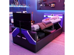 Cama Gamer 90x200 Com Led, Armário Hidráulico E Suporte Tv Em Pu