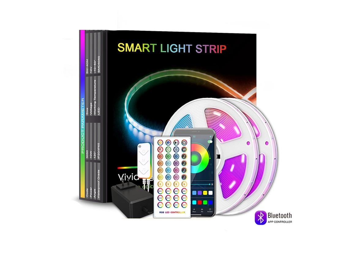 Fita Led, 12v, 30 M, Rgb, Comando Remoto, Intensidade Regulável, Bluetooth, App, Para Móveis, Televisão, Prateleiras E Decoração Interior