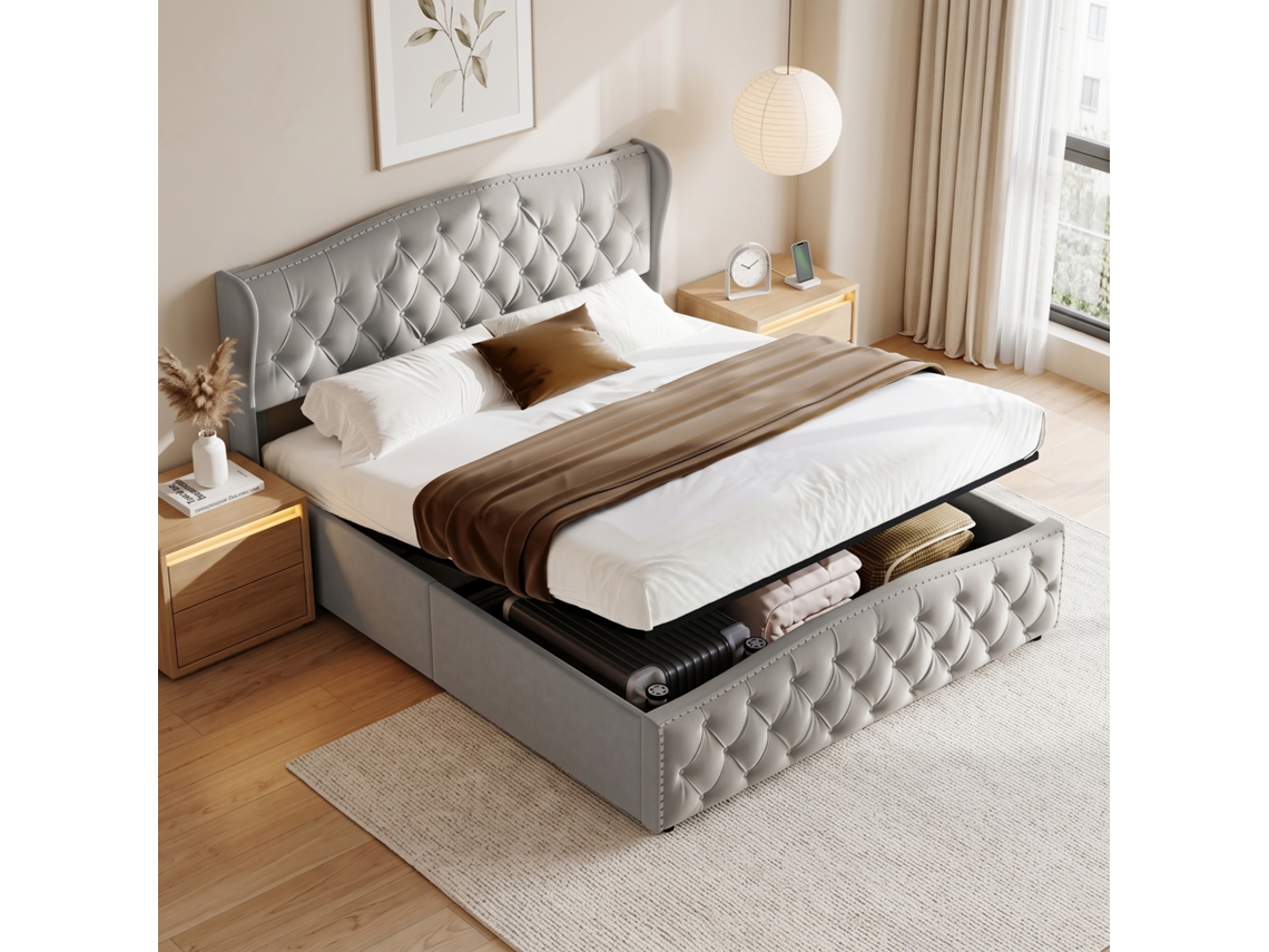 Cama Hidráulica 140x190 Cm Com Baú De Arrumação, Cabeceira Estofada Em Veludo Com Botões E Sommier Rebatível Cinzento