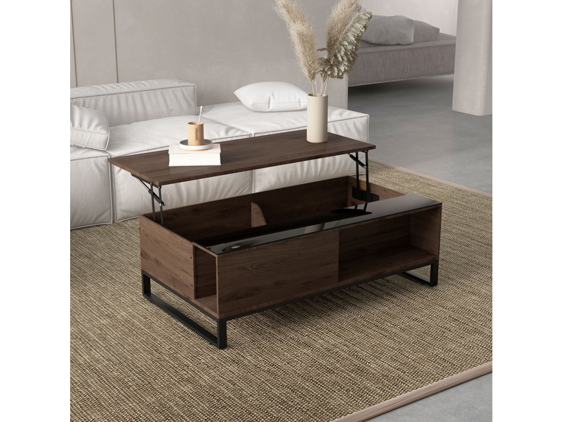 Mesa Baixa Elevável 102x58x35,5cm Estrutura Aço Com Arrumação Tom Nogueira E Preto Para Sala Moderna