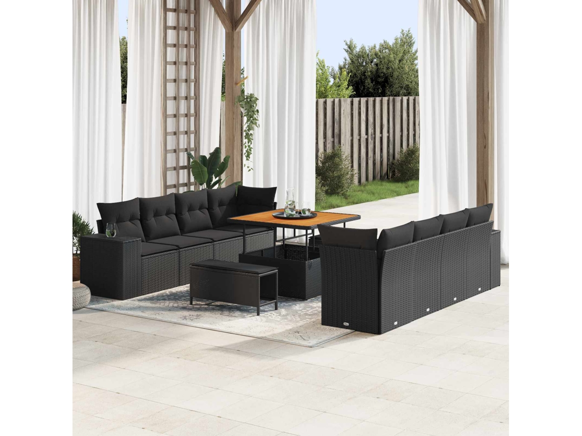 Vidaxl Conjunto De Sofá De Jardim Com Almofada 11 Pcs Preto Vime Pe