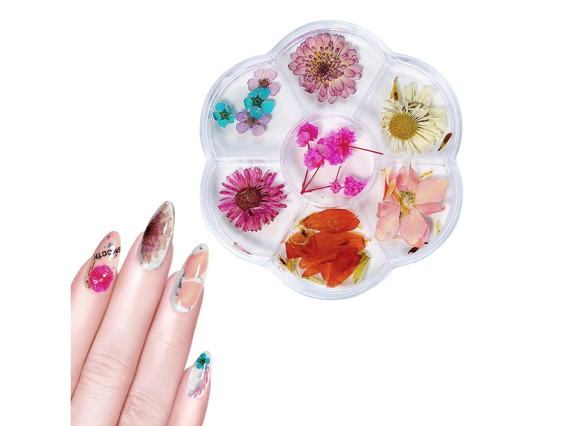 1 Caixa De Flores Secas 6 Espaços Decoração De Unhas Diy Arte De Unhas Flores Falsas Para Manicura 02