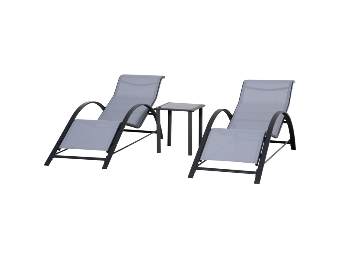 Conjunto 2 Espreguiçadeiras Mesa Vidro Cinza