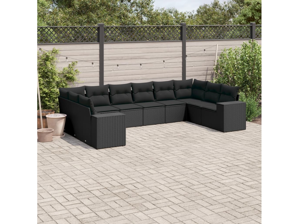 Jogo de Sofá Jardim 10 Peças C/ Almofadões Vime Pe Preto Dkd Home Decor