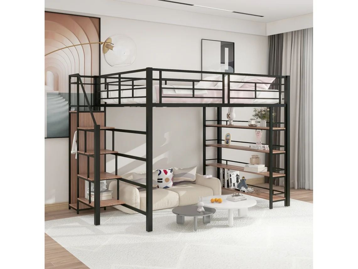 Cama Elevada 140x200 Com Escada Segura E Armário Preto