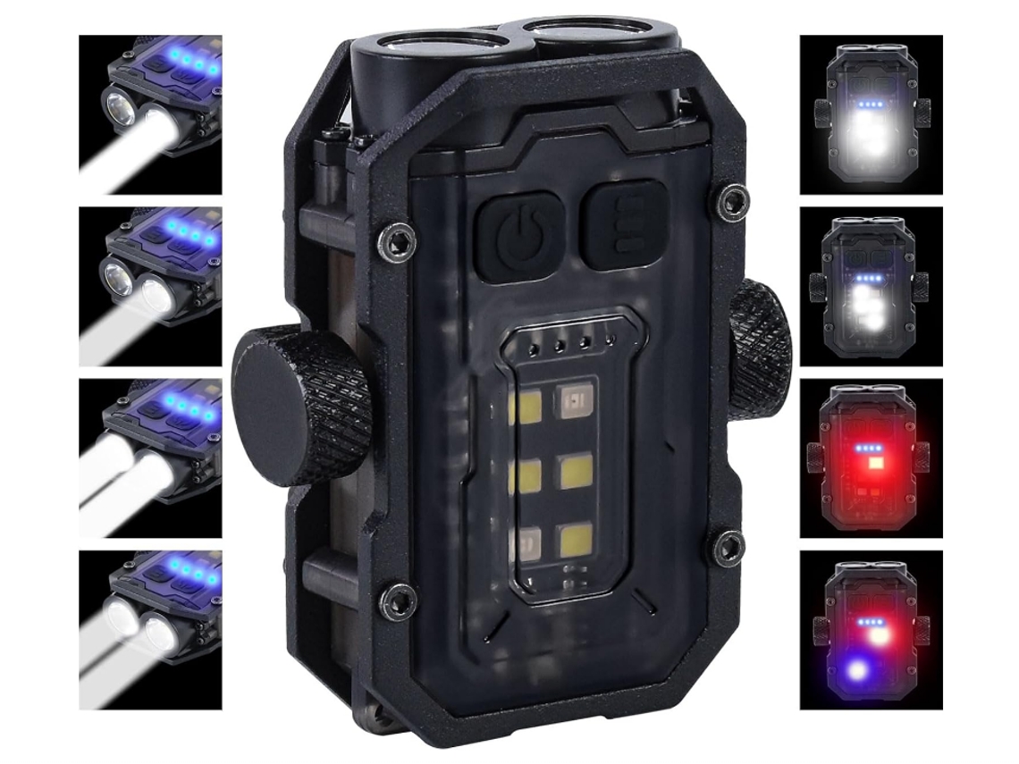 Lanterna Edc de 8 Modos Luz Dupla de 800 Lúmens Clipe de Bolso Compacto Luz Cob Vermelha Quente e Azul Usb C Recarregável Preto HALINUIA