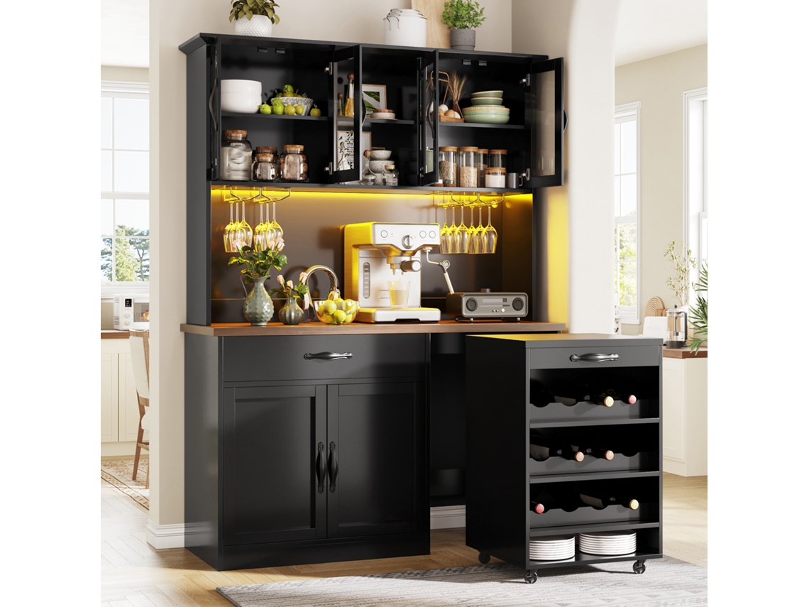 Armário De Cozinha 140cm Com Rodas E Iluminação Led, Espaço Para Vinho E Suportes De Copos Decorativo Sala E Sala De Jantar
