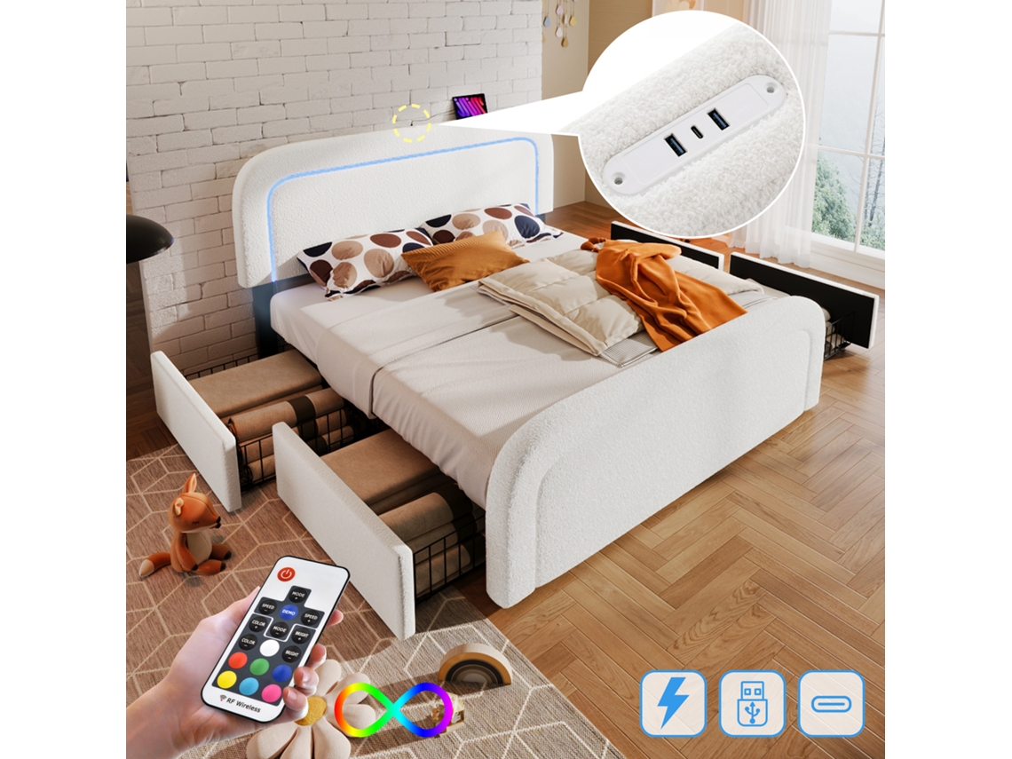 Cama De Casal Estofada + 160x200 Cm - Com 4 Gavetas, Cabeceira Ajustável, Luz Led, Porta Usb Tipo C, Base De Madeira - Branca
