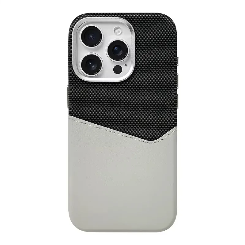 Capa Para Iphone 12 Em Couro De Linho (preto/cinza), Carregamento Sem Fio, Resistente A Impactos.