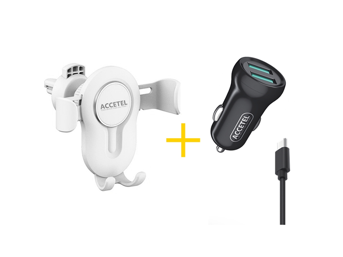 Pack Auto Suporte ACCETEL SP118 + Cabo Type C + Carregador para Samsung Galaxy A16 5G ACCETEL CC266 2X USB 2.4A Branco + Preto