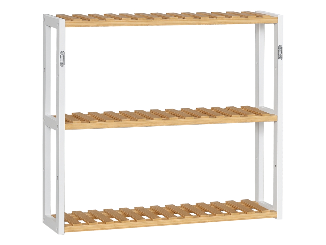 Estante Suspensa De Parede Em Bambu De 3 Níveis, Para Sala, Quarto E Cozinha, 60x15x54cm, Madeira E Branco