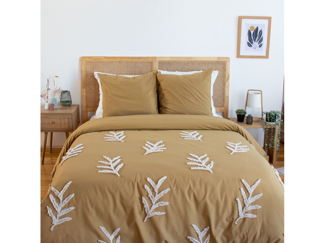 Roupa De Cama De Algodão Lavado Com Motivos Vegetais Tuftados, 2 Lugares