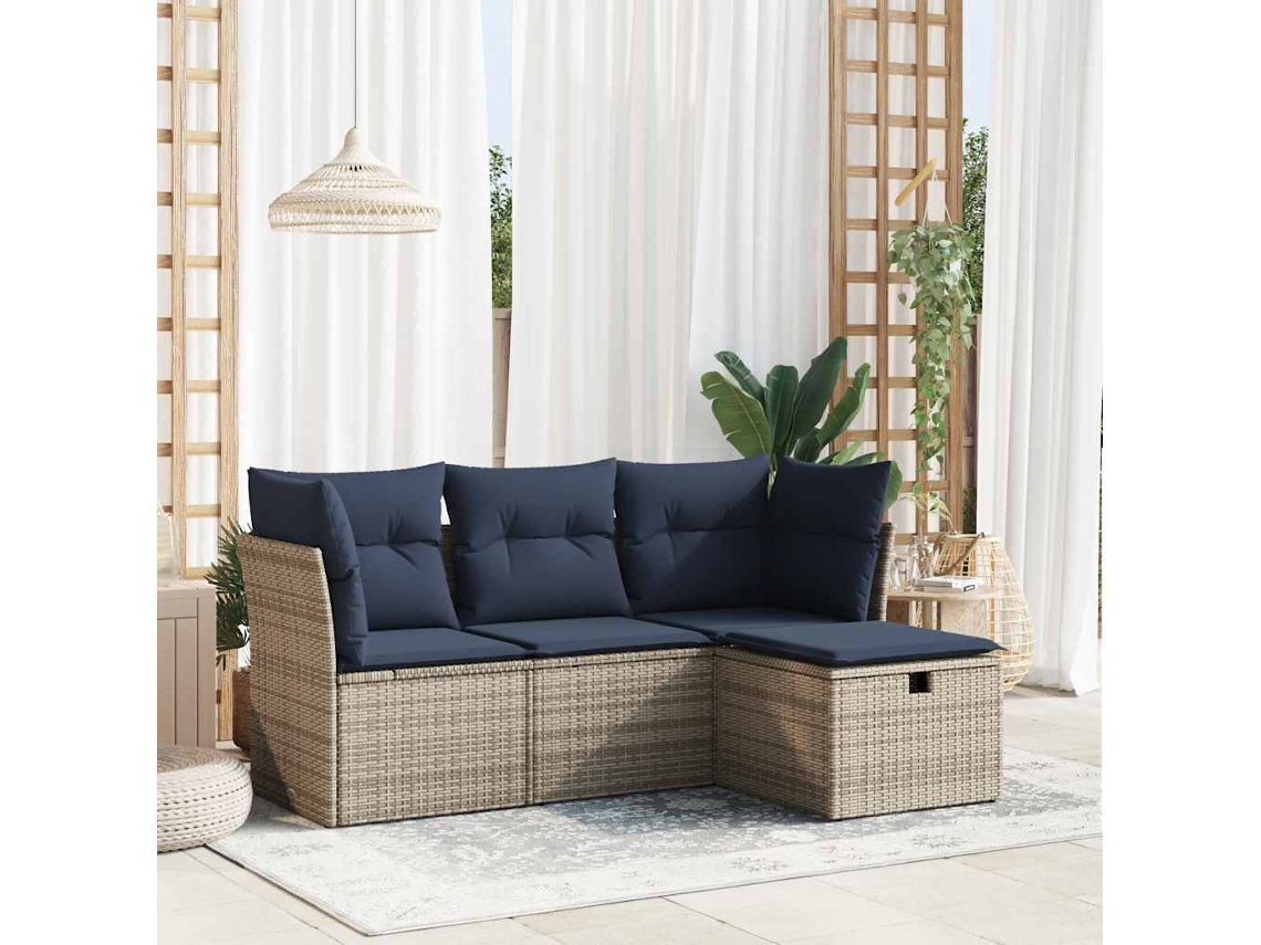Vidaxl 4 Pcs Conjunto Sofás De Jardim C/ Almofadões Vime Pe Cinzento
