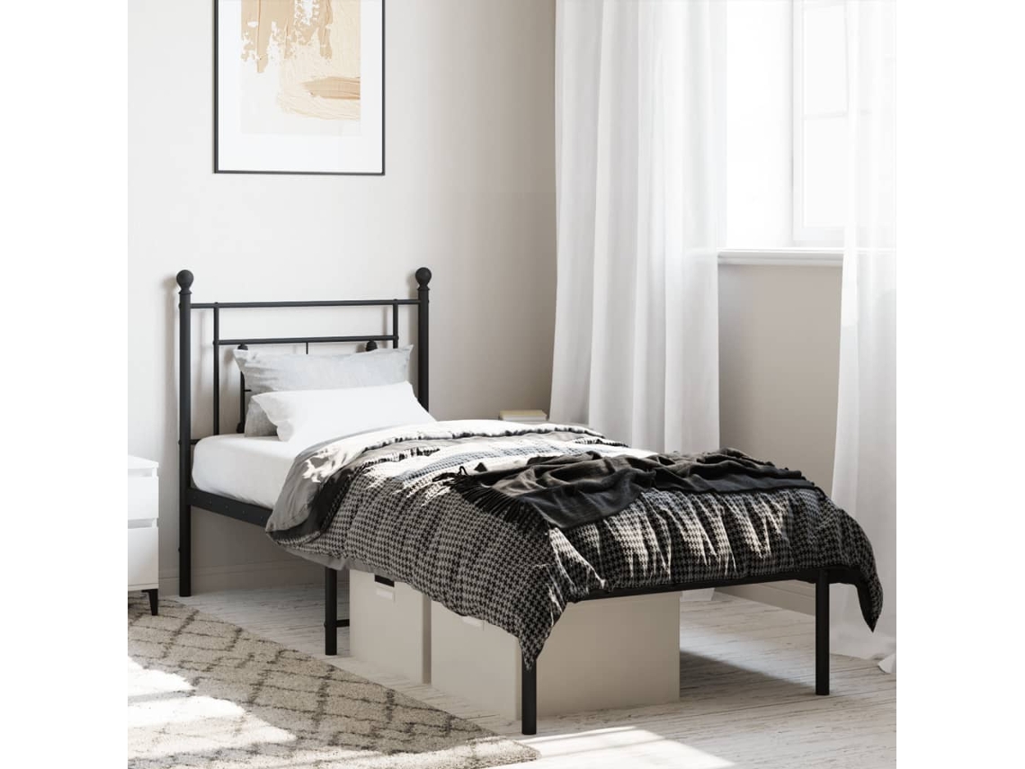 Vidaxl Estrutura De Cama Metal S/ Colchão C/ Cabeceira 75x190 Cm Preto