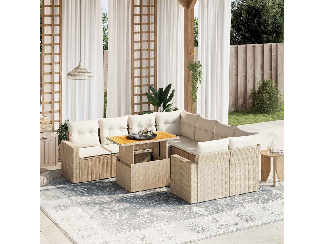 Vidaxl 9 Pcs Conjunto De Sofás P/ Jardim Com Almofadões Vime Pe Bege