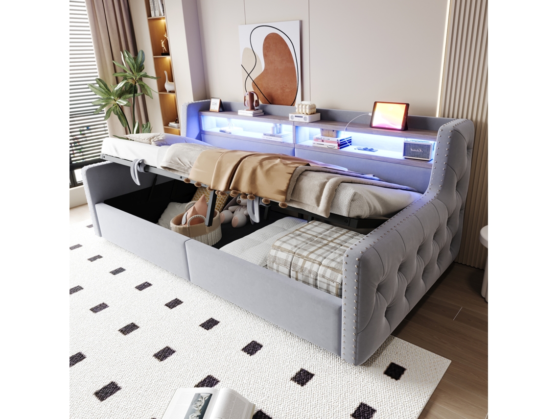 Sofá Cama 90x200cm Com Armazenamento Led Steckdose Lattenrost Cinza Claro