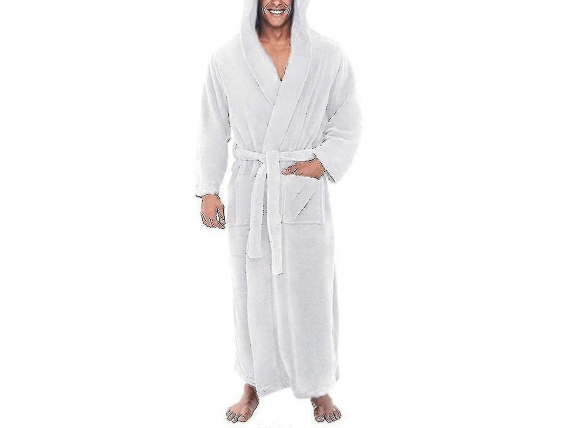 Bata De Banho Com Capuz Longo De Pelo Macio Para Homens Inverno Quente Poliéster S Blanco