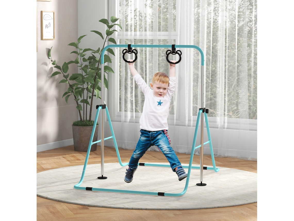 Barra De Ginástica Infantil Com Altura Ajustável E 2 Argolas, Em Aço, Verde Claro.