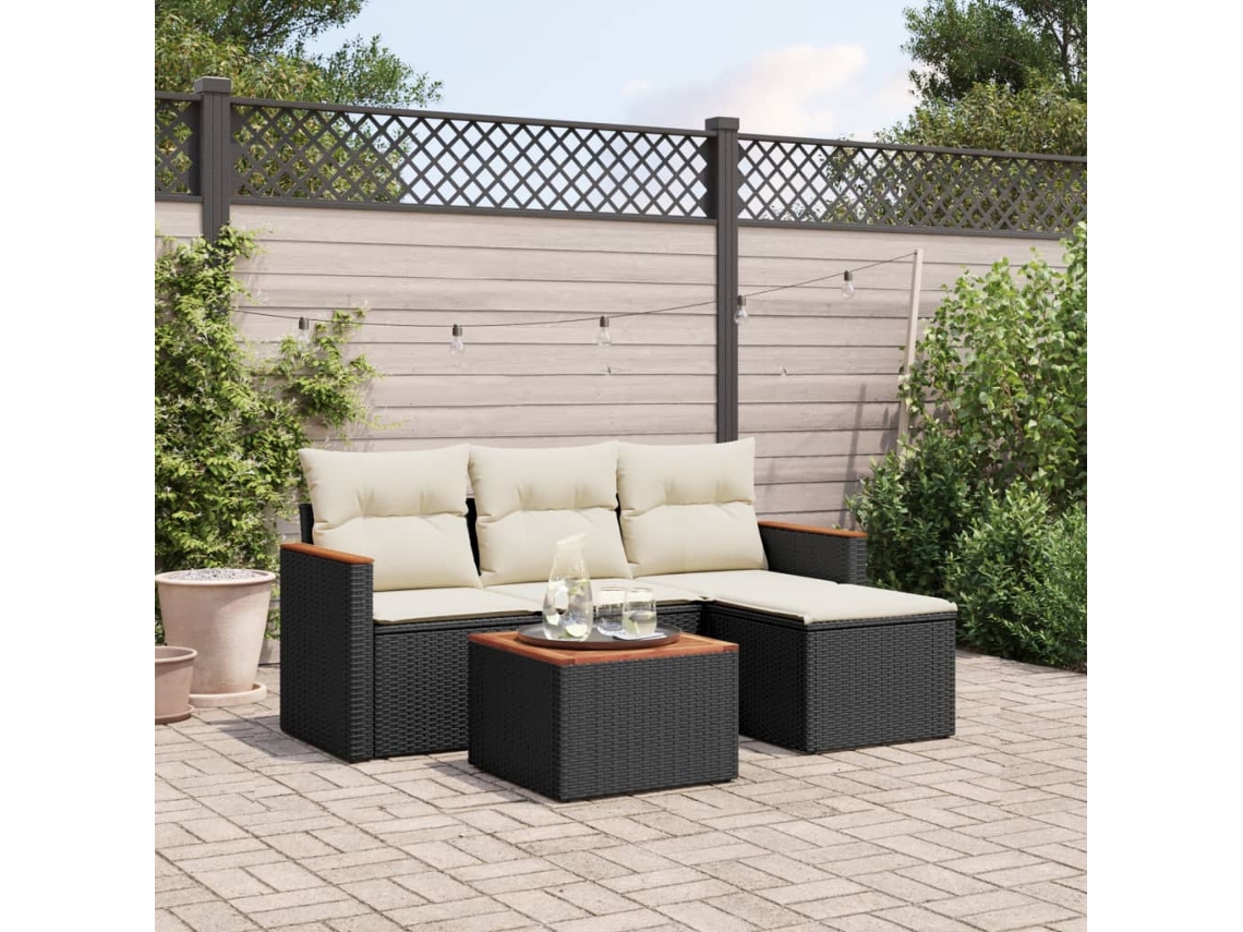 Vidaxl 5 Pcs Conjunto Sofás De Jardim Com Almofadões Vime Pe Preto