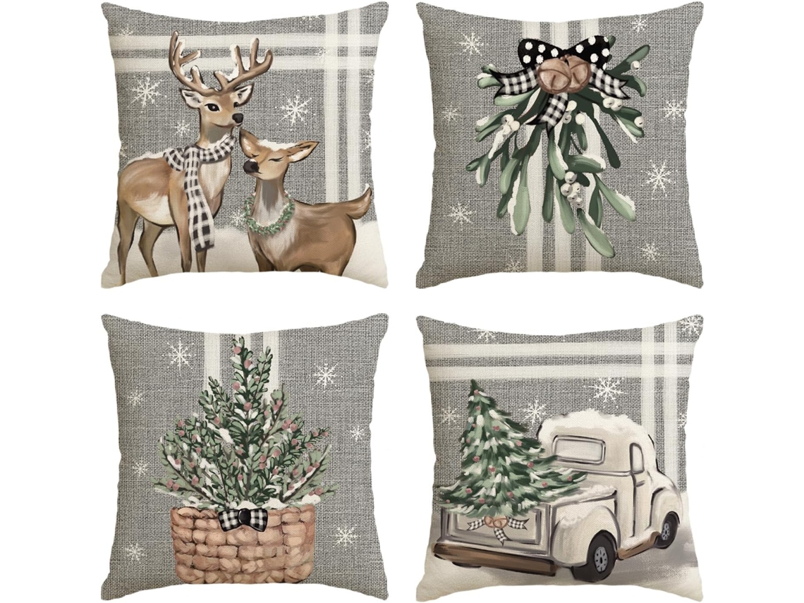 Almofadas Decorativas De Natal Com Estampa De Árvore De Natal, Rena, Caminhão E Listras Cinza, 45 X 45 Cm, Capa De Almofada De Inv Aquaforge
