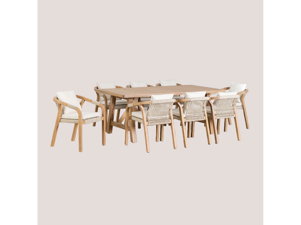 Conjunto de Mesa Retangular 200X100 Cm e 8 Cadeiras de Jantar em Madeira de Acácia Dubai Madeira de Acácia Poliéster Gardénia Branco SKLUM