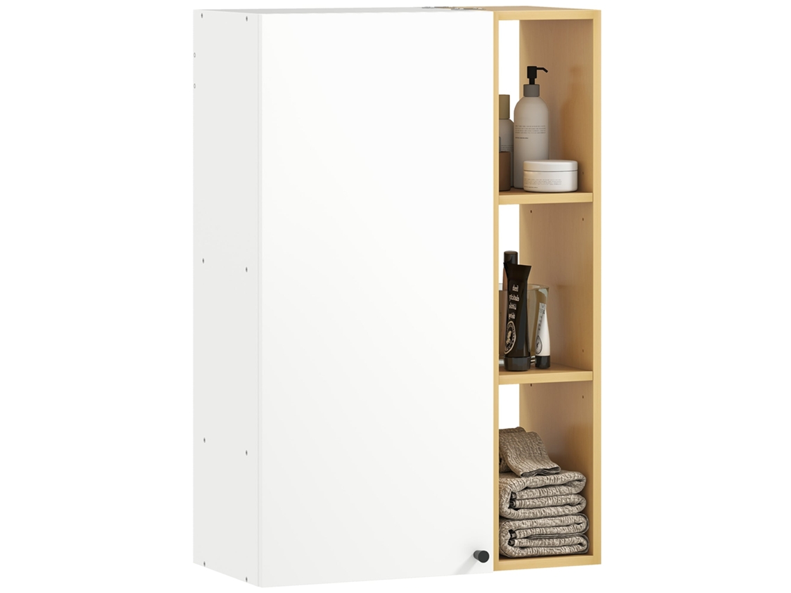 Armário de parede para banheiro com prateleiras ajustáveis e 3 nichos abertos 59.5x30x90 cm branco e madeira BTFORUS