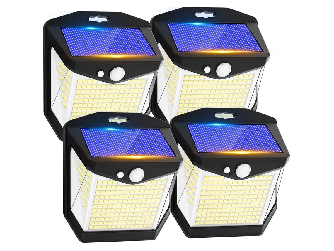 Lámpara solar de exterior con sensor de movimiento, 248 LED, IP65, 270°, inalámbrica, para jardín (paquete de 4)