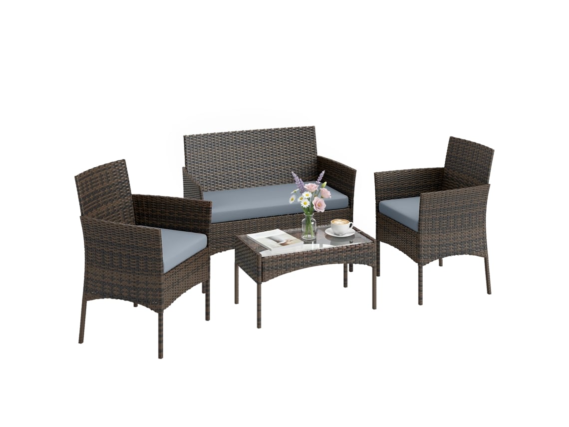 Conjunto de Móveis de Jardim em Vime Sintético com Sofá, Cadeirões, Mesa com Vidro Temperado e Almofadas Castanho e Cinzento QINGYU TECH