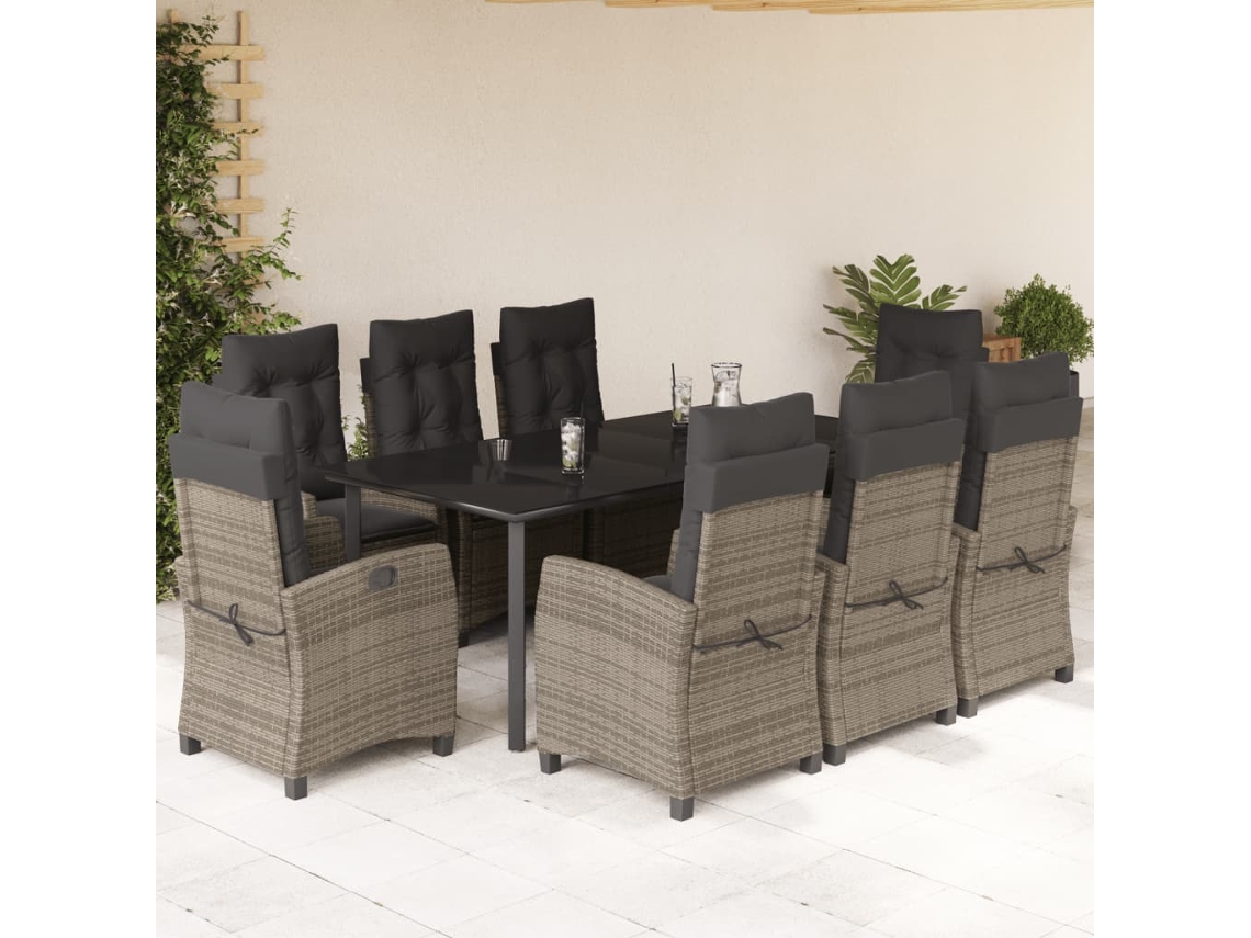 Conjunto 9 Peças Jantar P/ Jardim C/ Almofadões Vime Pe Cinza Dkd Home Decor