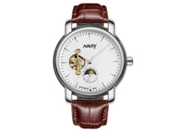 Relógio de pulso masculino analógico mecânico com pulseira redonda de couro.