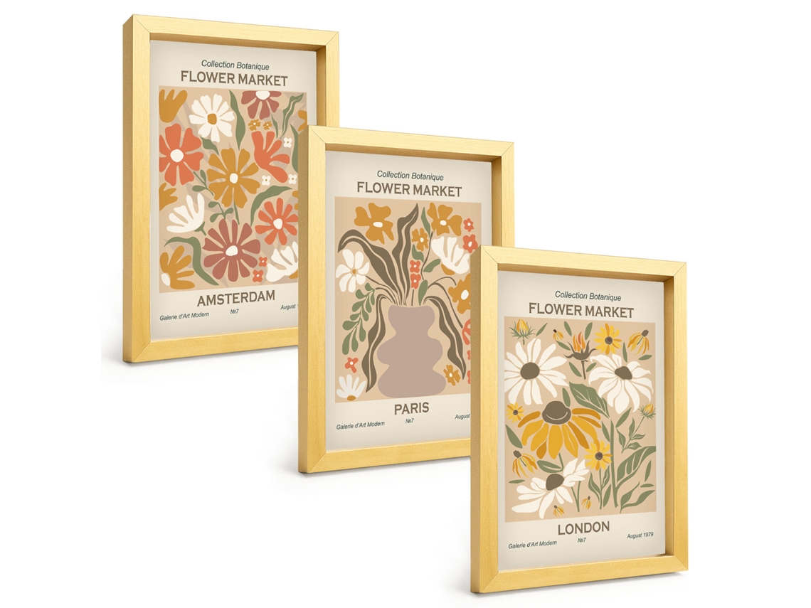 Quadros Decorativos Para Paredepadrões Florais Amsterdã Paris Londres Moldura Dourada Quadros Para O Escritório Espelharte (3 Peças 20x30 Cm)