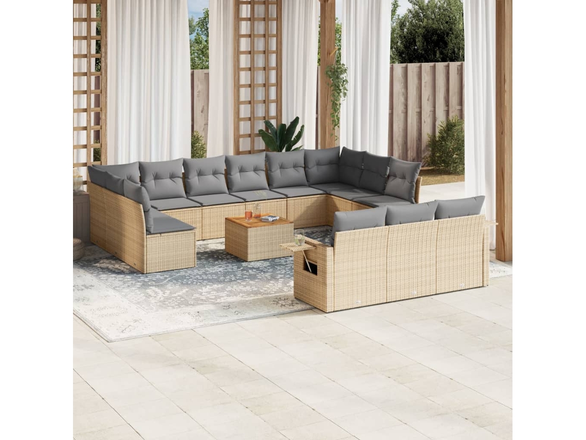 14 Pcs Conj. Sofás Jardim C/ Almofadões Vime Pe Bege Misturado Dkd Home Decor