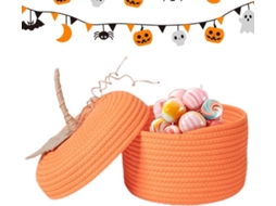 Cesto De Armazenamento Trançado Para O Halloween | Cesto Redondo Com Tampa | Balde