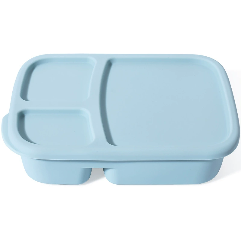 Fiambrera Silicona Calidad Alimentaria Azul 3 Compartimentos Cuadrada. Apta Microondas, Tapa Hermética, Plegable. Ideal Estudiantes, Oficina, Viaje.