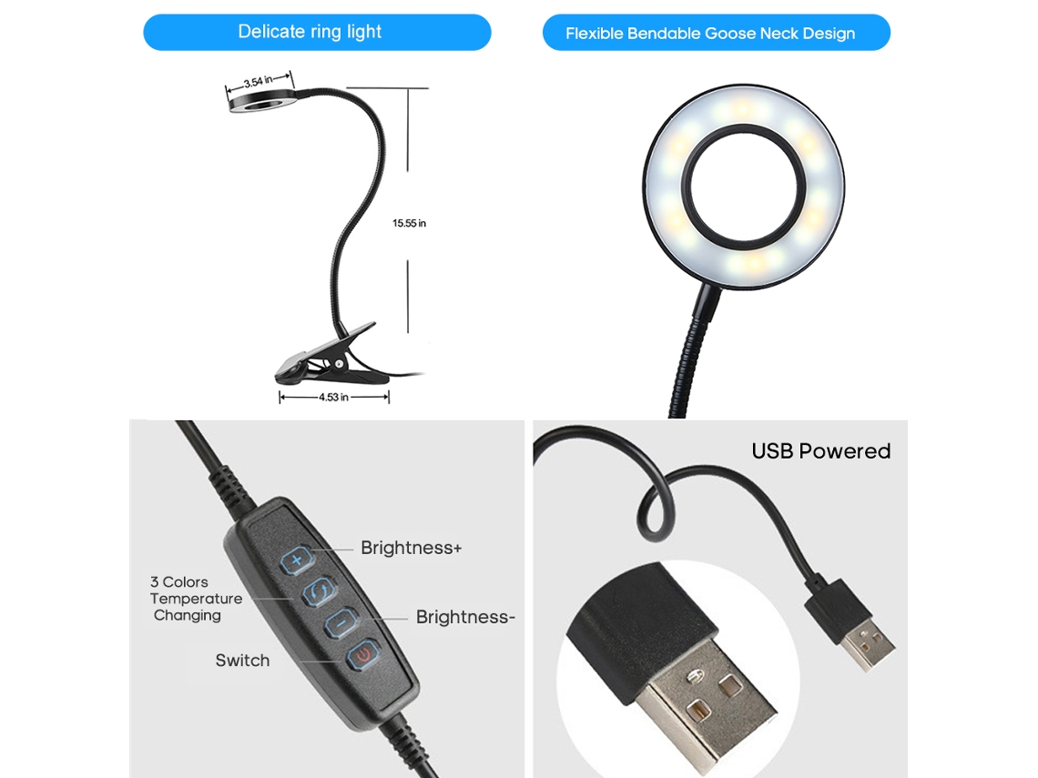 Lâmpada de Mesa Clip 24 Leds Usb 5v 6w 3 Cores Regulável Flexível para Estudo Escritório | S/MARCA
