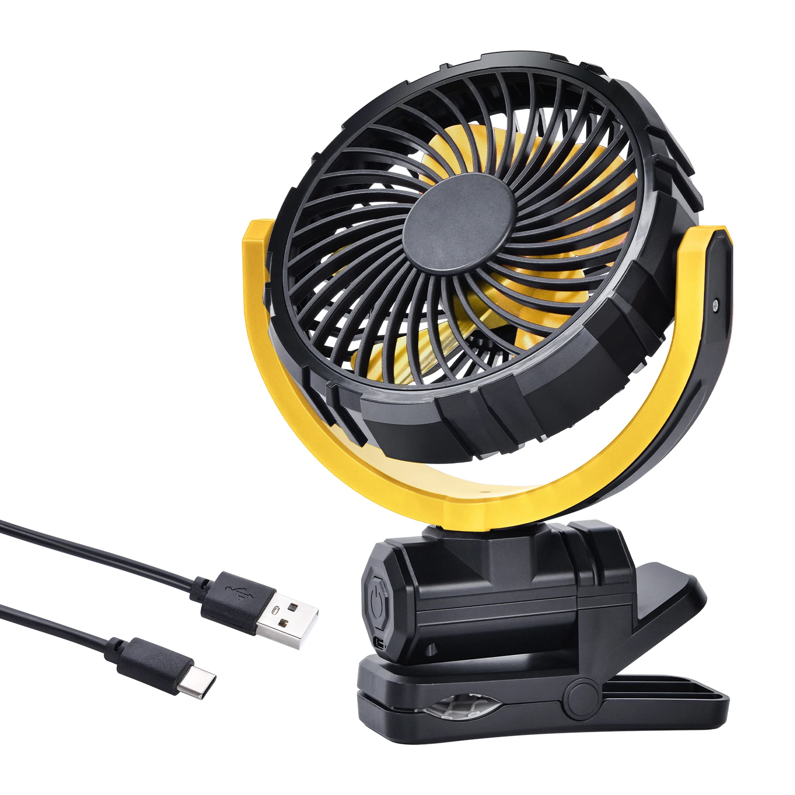 Ventilador De Carro Recarregável Usb Hipacool 2000mah Com Rotação De 900° E Sistema De Resfriamento Sem Escovas, Nas Cores Preto E Amarelo.