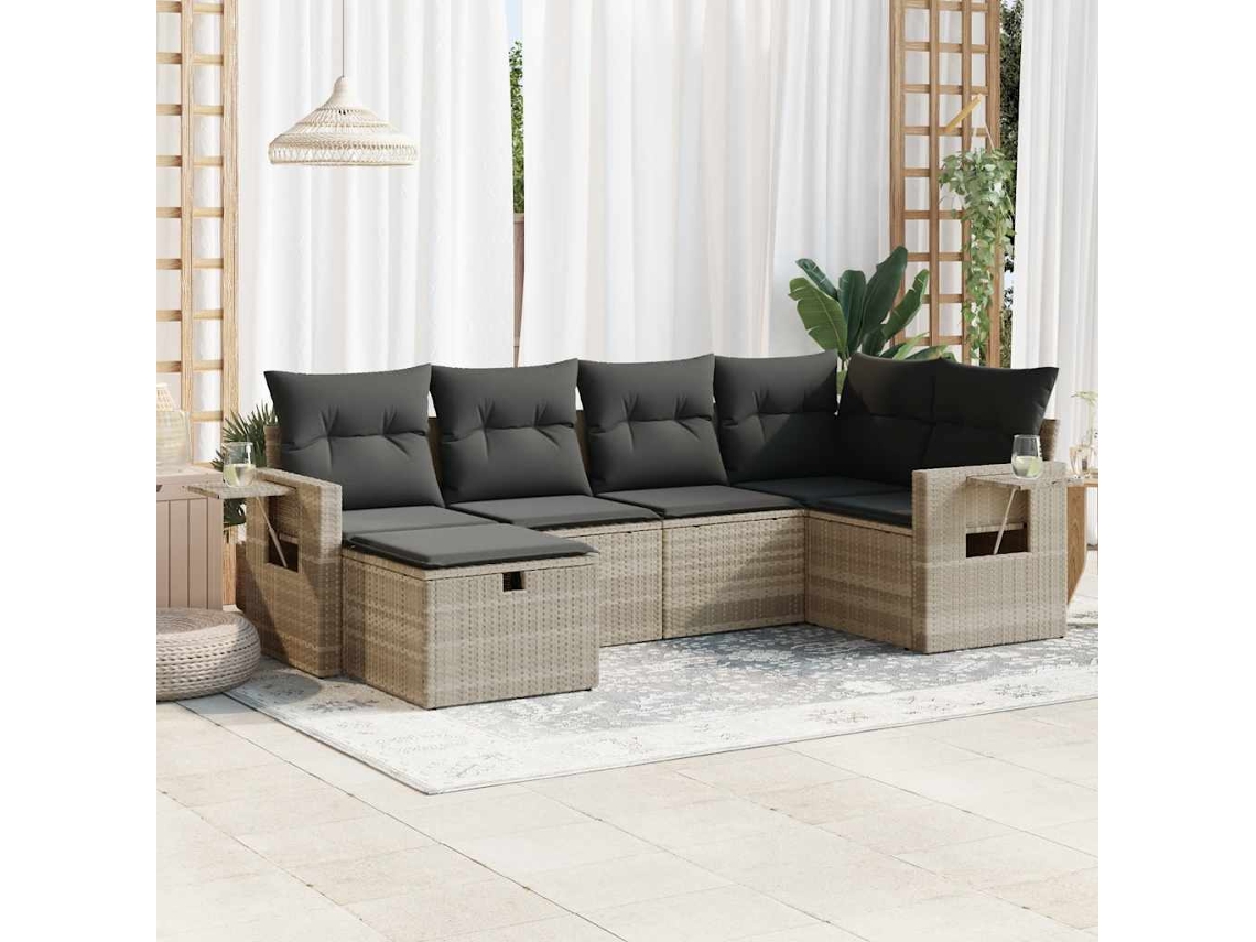 6 Pcs Conj. Sofás Jardim Com Almofadões Vime Pe Cinza Claro Dkd Home Decor