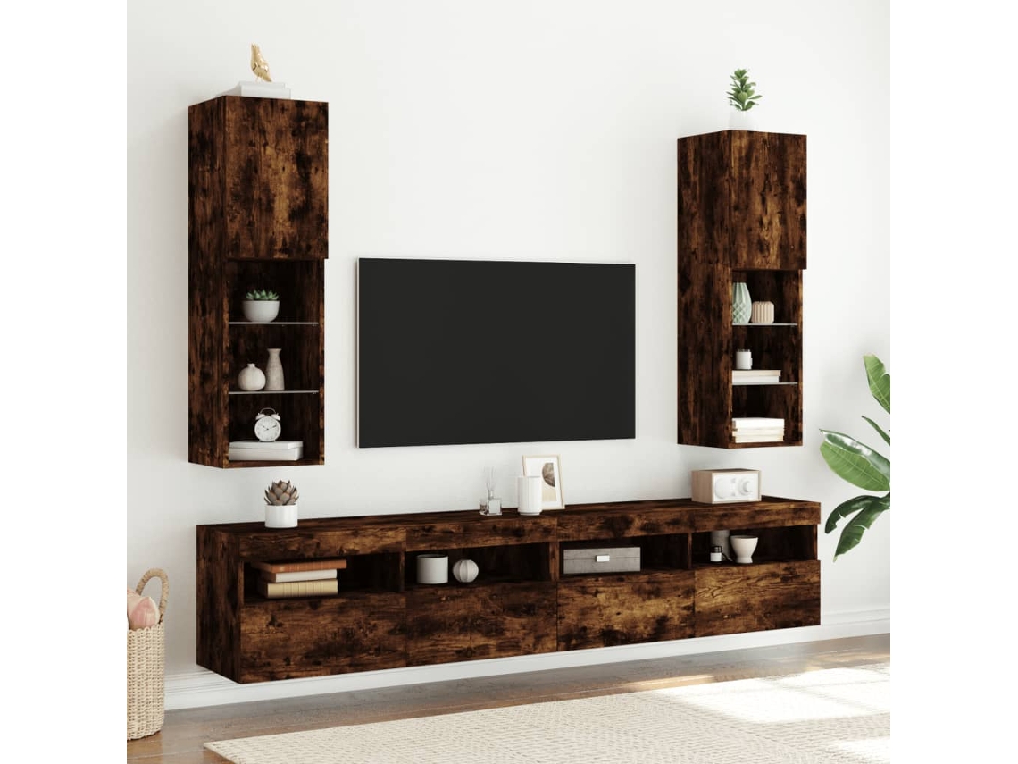 Vidaxl Móveis De Tv C/ Luzes Led 2 Pcs 30,5x30x102 Cm Carvalho Fumado
