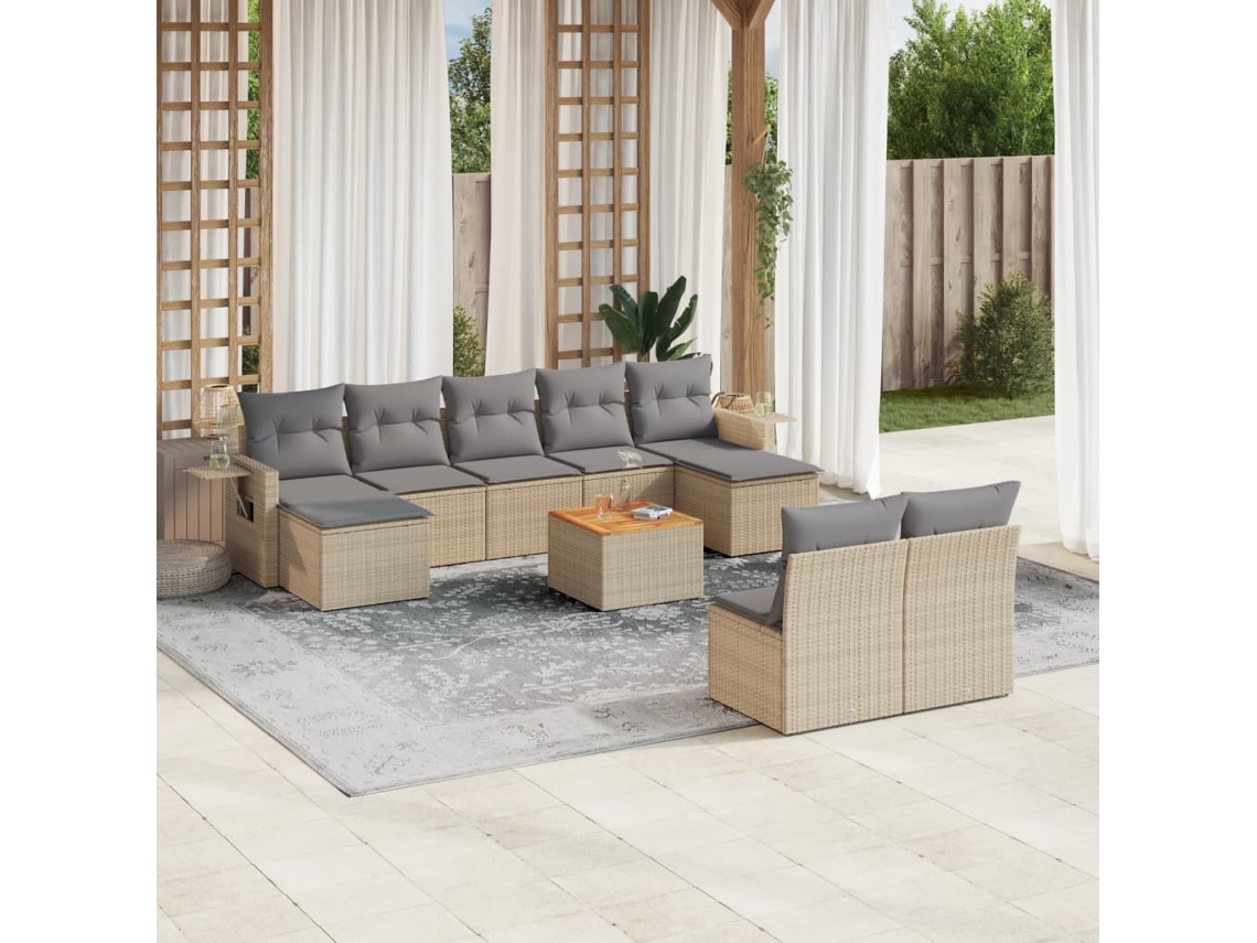 Vidaxl 10 Pcs Conj. Sofás Jardim C/ Almofadões Vime Pe Bege Misturado