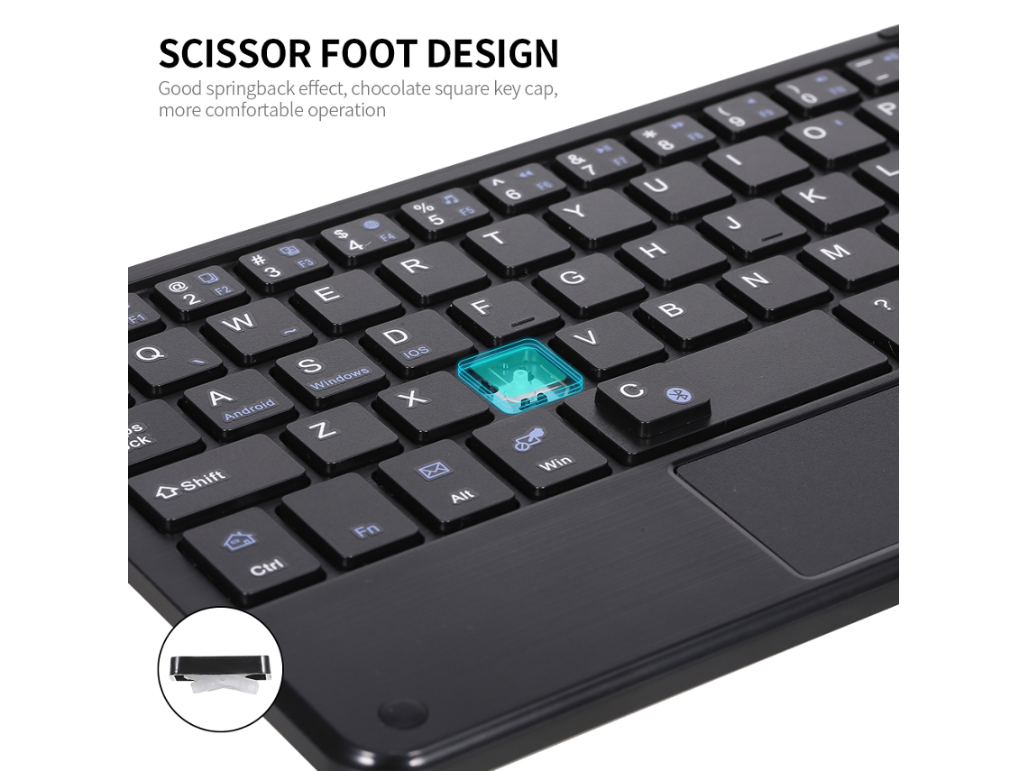 Mini teclado sem fio Bluetooth 3.0 com painel táctil, compatível com Android, Windows e iOS, preto | S/MARCA