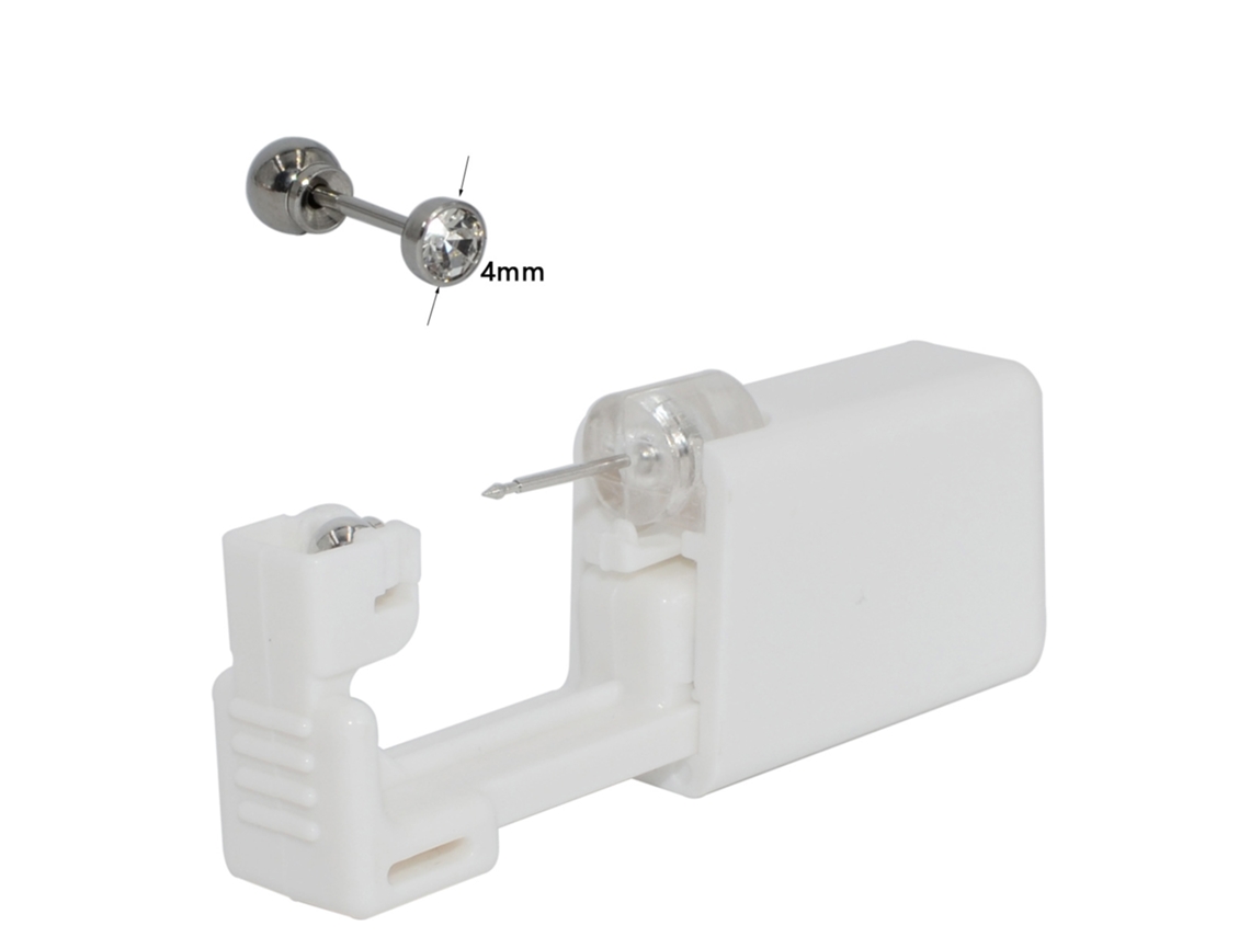 Piercing De Orelha, Dispositivo Descartável Para Perfuração, Estéril, Com Brincos De Aço Inoxidável (1 Par - Diamante Branco De 4 Mm) Spqment