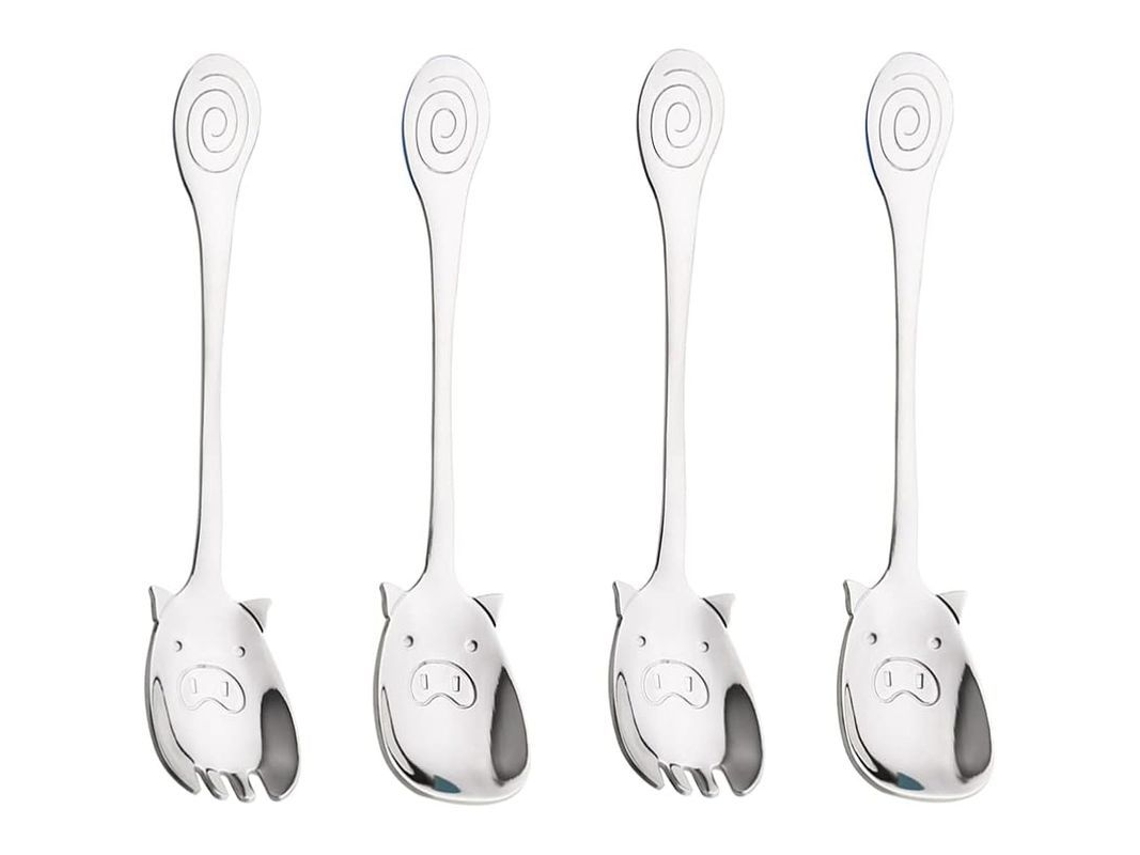 Conjunto de 4 peças de talheres em aço inoxidável com design de porco, incluindo garfos, colheres e sporks, para sobremesas, café e saladas (5,79 x 1,18 polegadas).
