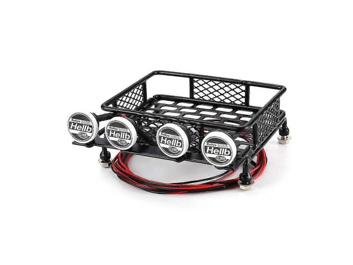 Bagageiro metálico 115x107mm com luzes de projeção para carros RC Crawler 1/10, preto.