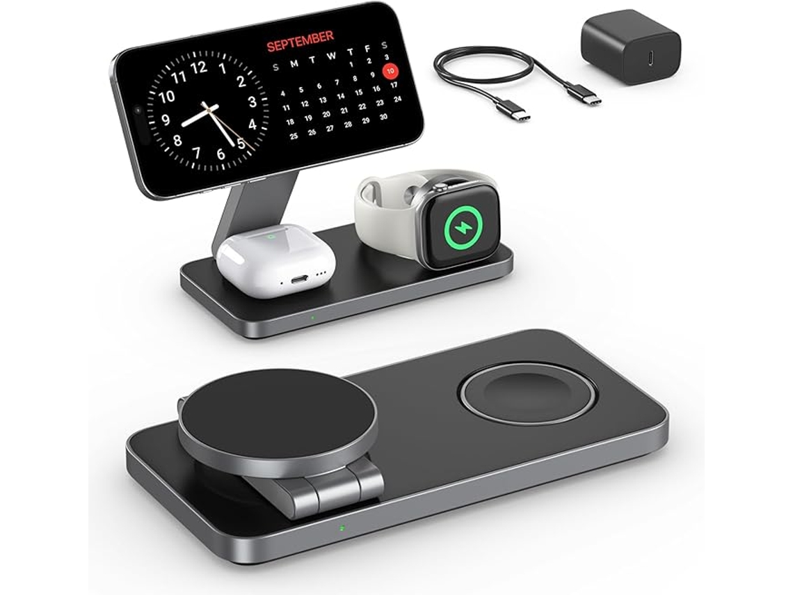 Estação De Carregamento Sem Fio 3 Em 1 Para Iphone Air/17e/17/16/15/14/13/12, Airpods Pro 3 2 E Apple Watch (adaptador Incluído) - Branco E Preto