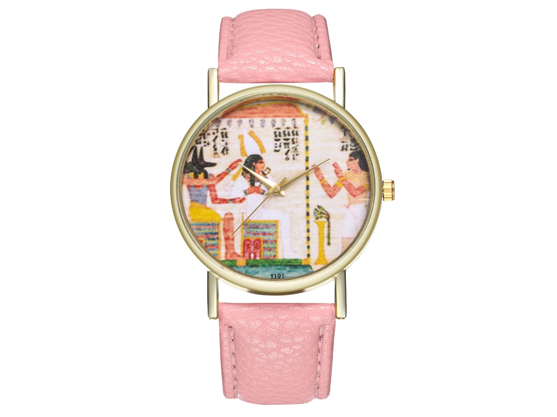 Relógio de pulso de quartzo com mostrador vintage e pulseira de couro para mulheres e homens (rosa)