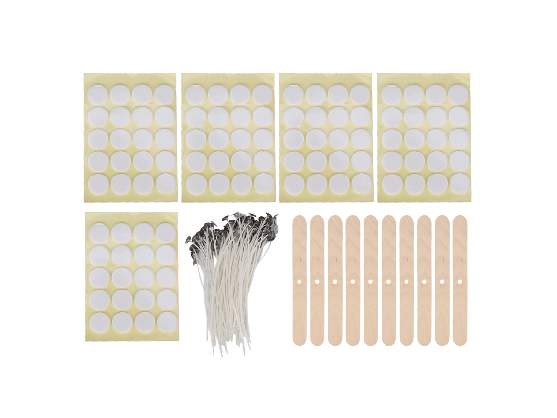 Kit para Fazer Velas Diy com 100 Mechas de 15 Cm, 100 Adesivos Duplos e 10 Porta mechas de Madeira