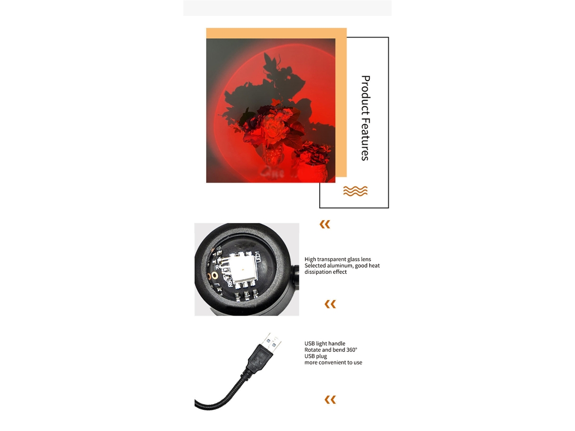 Lâmpada de Por do Sol com Projeção Led Giratória 360 Graus Luz de Fundo Usb para Quarto