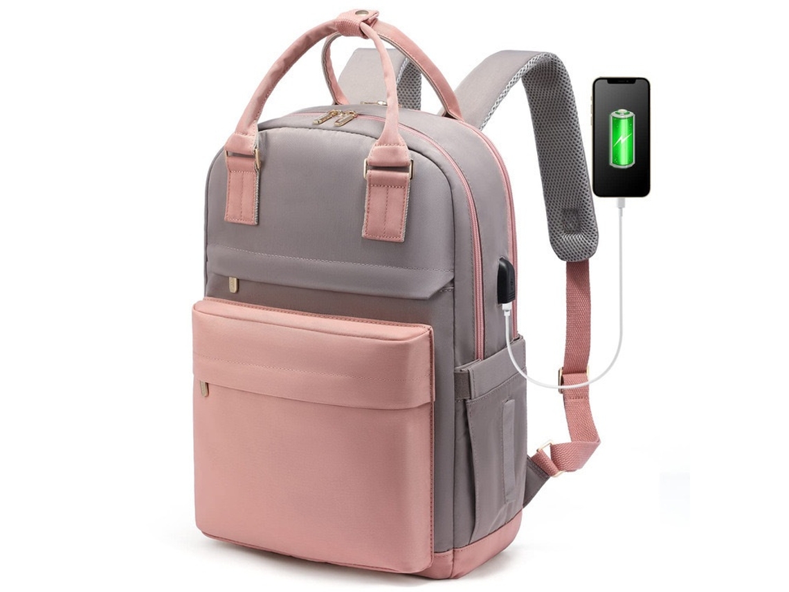 Mochila Para Portátil, 15 Polegadas, Usb, 2 Compartimentos, Rosa, Para Portátil, Trabalho E Viagem Tressino